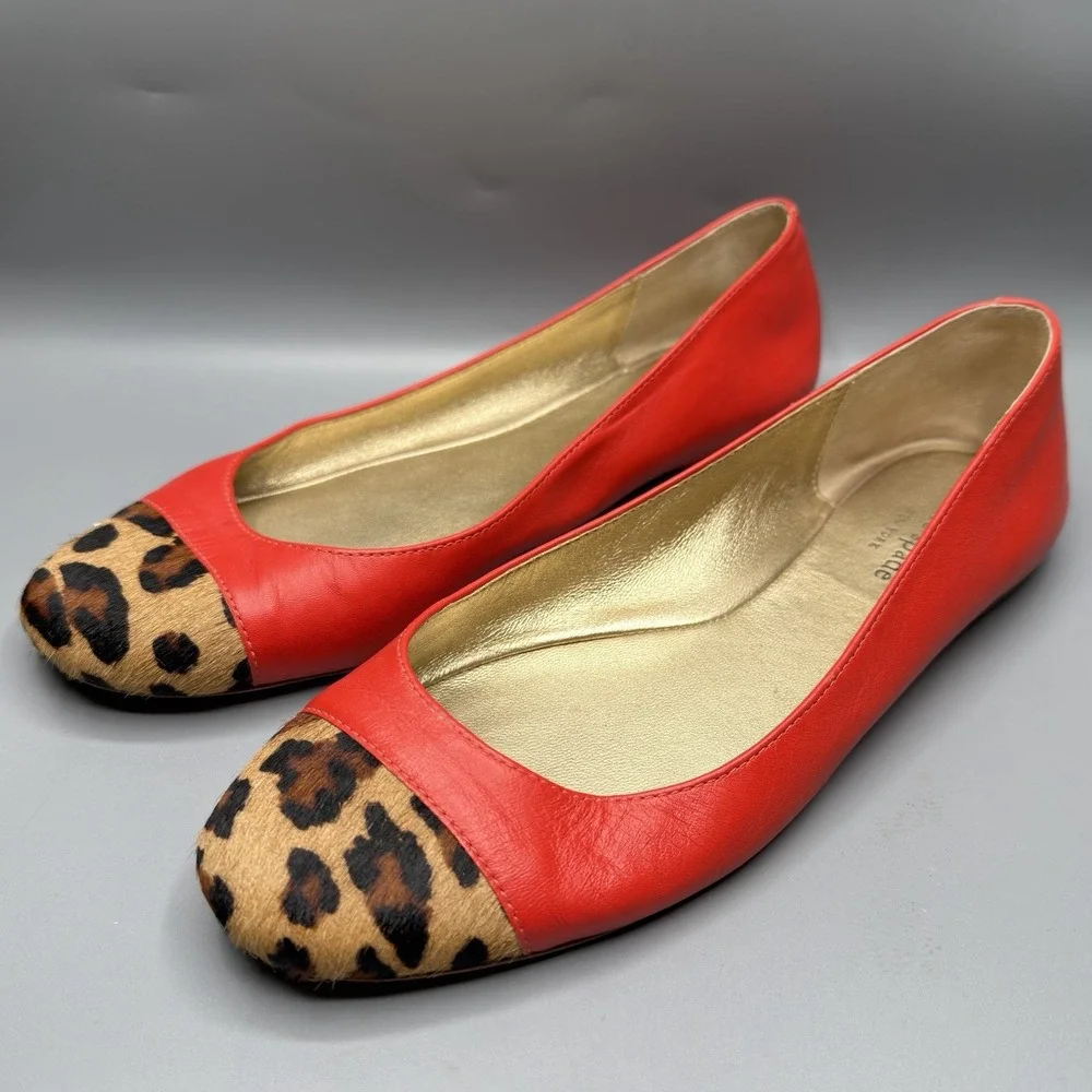 Kate Spade New York Coral Red Leather Cheetah Calf Hair Cap Toe Flats Womens 8.5